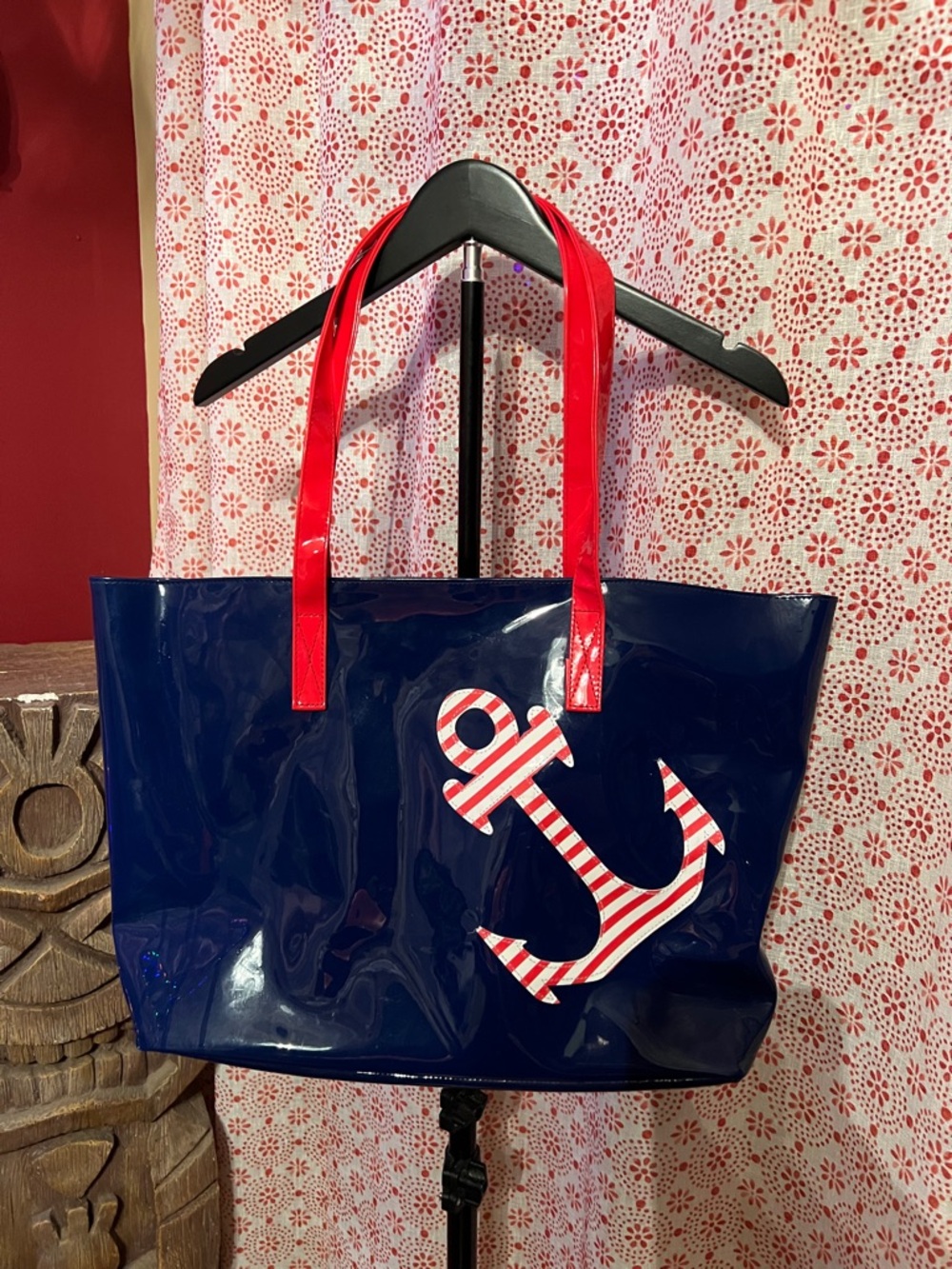 Macbeth collection by Margaret Josephs Shiny Navy and Red Anchor Tote Bag